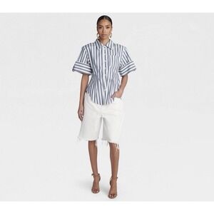 KBB by Kahlana Blue White Striped Hourglass Button Down Shirt L